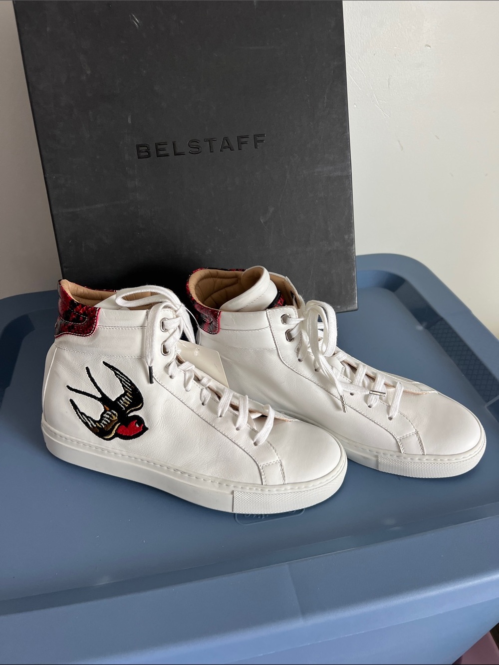 Belstaff manner ampton high top embroidered swallow bird white leather sneakers